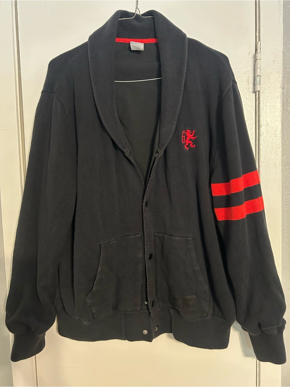 Nike Black Shawl Collar Jacket with Red Sleeve Stripes